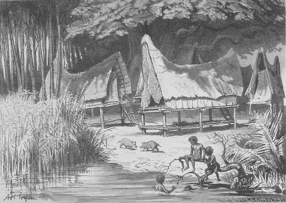 Die Gartenlaube (1886) b 368.jpg Häuser in der Weihnachtsbucht, Normanby-Inseln