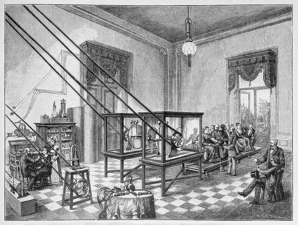Die Gartenlaube (1886) b 433.jpg Krankenbehandlung in dem elektrotherapeutischen Kabinet des Professors Charcot auf der Salpetriere zu Paris