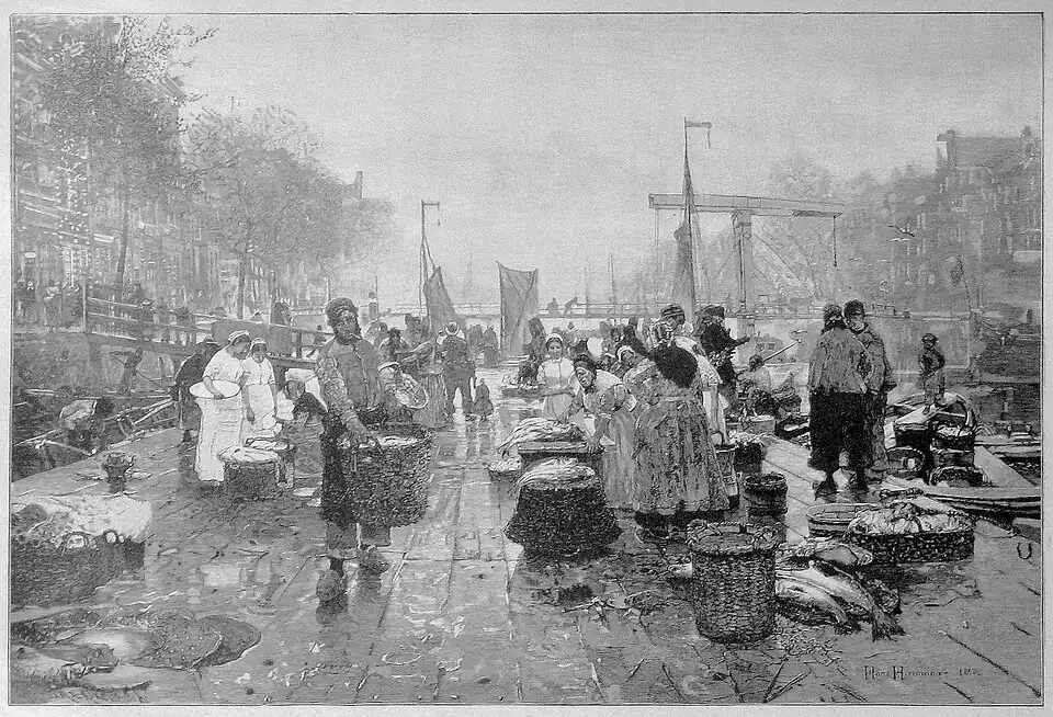 Die Gartenlaube (1886) b 437.jpg (S) Aus der Jubiläums-Kunstausstellung in Berlin: Fischmarkt in Amsterdam Nach dem Oelgemälde von Hans Herrmann