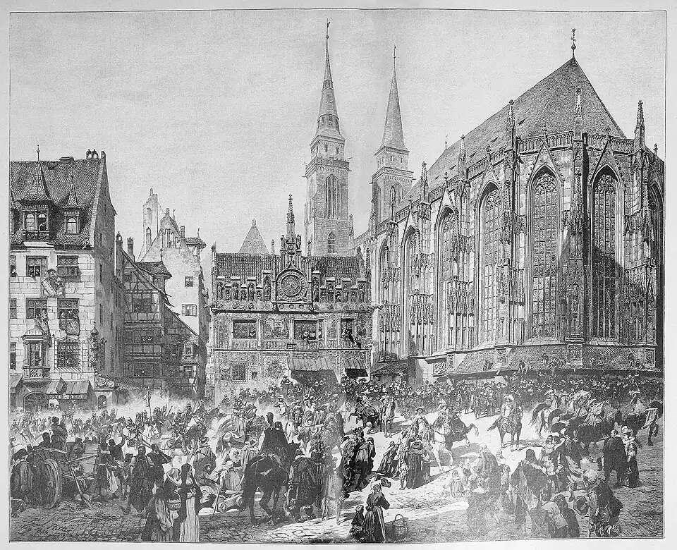 Die Gartenlaube (1886) b 444.jpg (D) Aus der Jubiläums-Kunstausstellung in Berlin: Die alte Schau mit der Sebalduskirche zur Zeit des Einzuges Gustav Adolf’s in Nürnberg 1632. Nach dem Oelgemälde von Paul Ritter Photographie im Verlag von Franz Hanfstängl in München