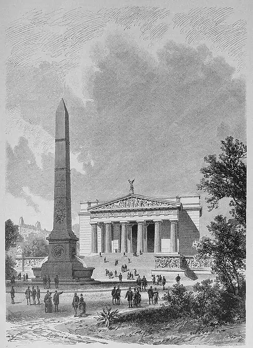 Die Gartenlaube (1886) b 453.jpg (S) Von der Jubiläums-Kunstausstellung in Berlin: Der Tempel des Pergamon mit dem Obelisken<Originalzeichnung von G. Theuerkauf
