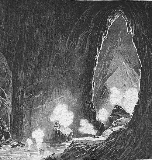 Die Gartenlaube (1886) b 469.jpg Unterirdischer Lauf der Reka bei Sanct Canzian Müller-Dom mit dem 6. und 7. Wasserfall, Lorelei-Felsen und See