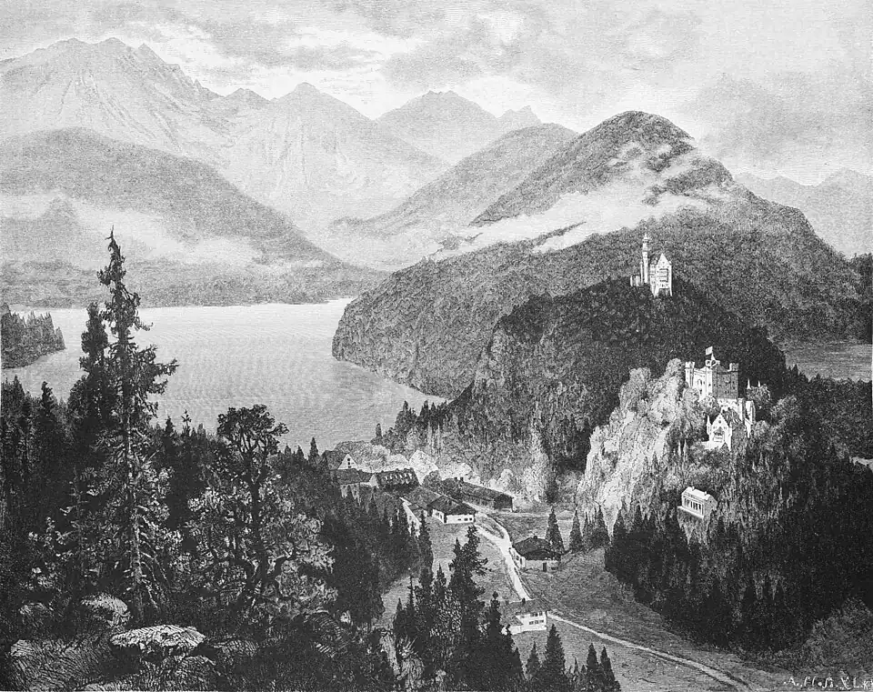 Die Gartenlaube (1886) b 513.jpg (S) Hohenschwangau und Neu-Schwanstein von der „Jugend“ aus Originalzeichnung von R. Püttner
