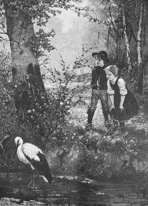 Die Gartenlaube (1886) b 521.jpg Aus der Jubiläums-Kunstausstellung in Berlin: Der Storch. Nach dem Oelgemälde von H. Salentin Holzschnitt nach der Photogravure in „Deutsche Malerei der Gegenwart“, Verlag von H. Hanfstängl in München