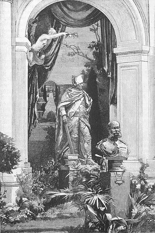 Die Gartenlaube (1886) b 573.jpg Das Denkmal Friedrich’s des Großen von J. G. Schadow in der Jubiläums-Kunstausstellung zu Berlin. Originalzeichnung von R. Warthmüller