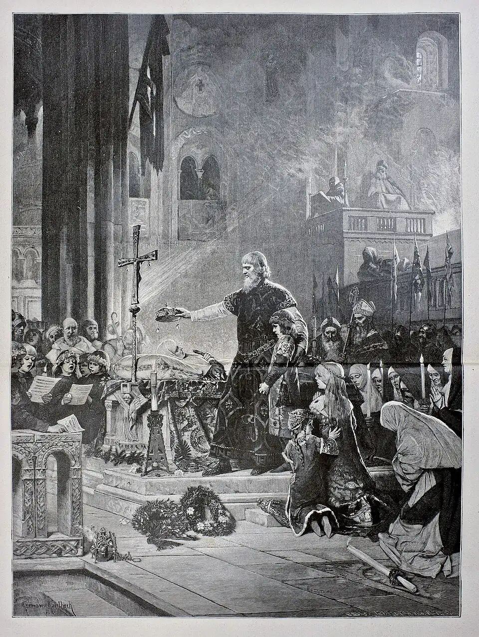 Die Gartenlaube (1886) b 708.jpg (D) Aus der Jubiläums-Kunstausstellung in Berlin: Die Krönung der heiligen Elisabeth. Nach dem Oelgemälde von Hermann Kaulbach
