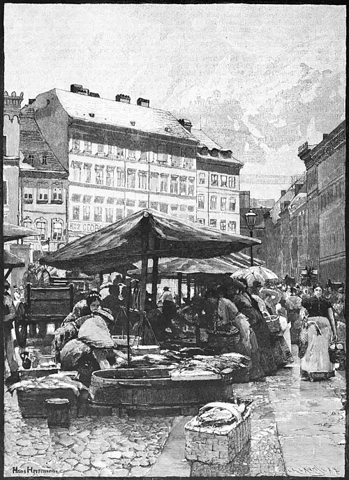 Die Gartenlaube (1886) b 717.jpg (S) Die ehemaligen Fischstände auf dem Spittelmarkt in Berlin Nach einer Originalzeichnung von Hans Herrmann