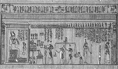 Die Gartenlaube (1886) b 749_2.jpg Darstellung des Totengerichts der alten Aegypter. 125. Kapitel des Todtenbuches