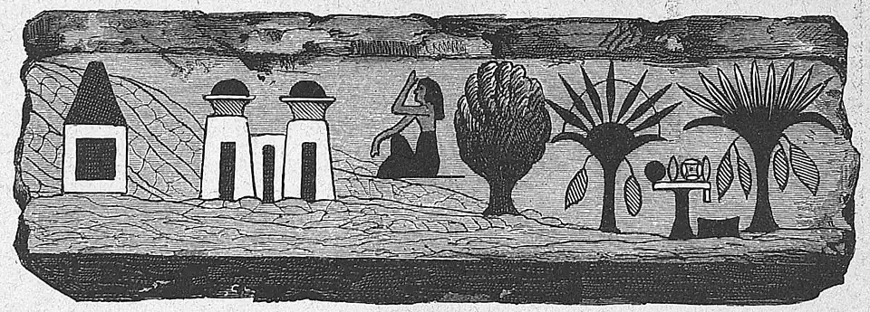 Die Gartenlaube (1886) b 797_2.jpg Gärtchen bei einem Grabe in dem heute el-Assassif genannten Theile der Nekropole von Theben. Vom unteren Theile einer Stele im Museum zu Bulaq