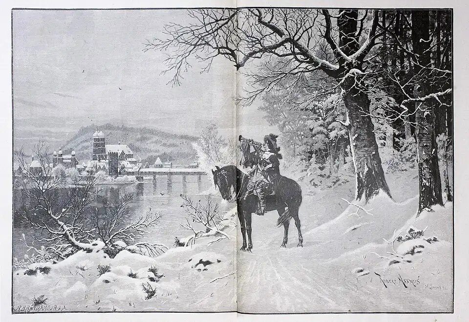 Die Gartenlaube (1886) b 896.jpg (D) Der Trompeter von Säckingen von Robert Aßmus Oelgemälde im Besitz von Wimmer u. Co., Photographien im Verlag von Franz Hanfstängl in München