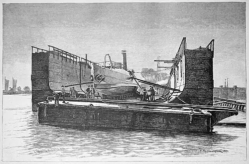 Die Gartenlaube (1887) b 049.jpg Torpedoboot im Schwimmdock. Originalzeichnung von F. Kallmorgen.