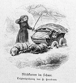 Die Gartenlaube (1887) b 064 2.jpg Milchkarren im Schnee. Originalzeichnung von H. Heubner.
