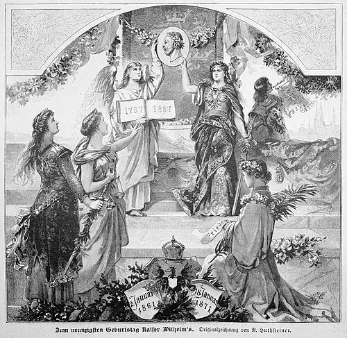 Die Gartenlaube (1887) b 181.jpg Zum neunzigsten Geburtstag Kaiser Wilhelm’s. Originalzeichnung von R. Huthsteiner.