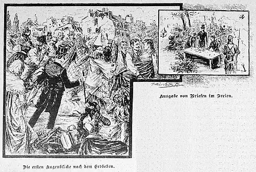 Die Gartenlaube (1887) b 213 1.jpg Ausgabe von Briefen im Freien. Die ersten Augenblicke nach dem Erdbeben.