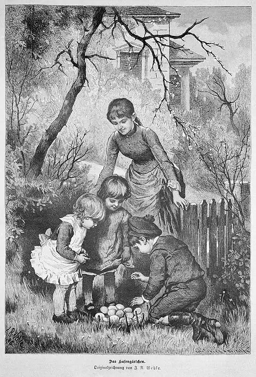 Die Gartenlaube (1887) b 221.jpg Das Hasengärtchen. Originalzeichnung von J.&nbsp;R.&nbsp;Wehle.