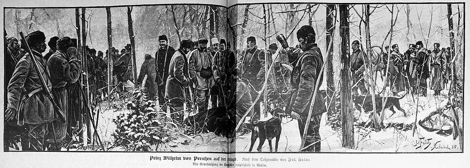 Die Gartenlaube (1887) b 228.jpg Prinz Wilhelm von Preußen auf der Bärenjagd. Nach dem Oelgemälde von Jul. Falat. Mit Genehmigung der Photographischen Gesellschaft in Berlin.
