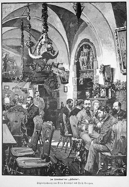 Die Gartenlaube (1887) b 261.jpg Im Trinksaal der „Allotria“. Originalzeichnung von Otto Strützel und Fritz Bergen.