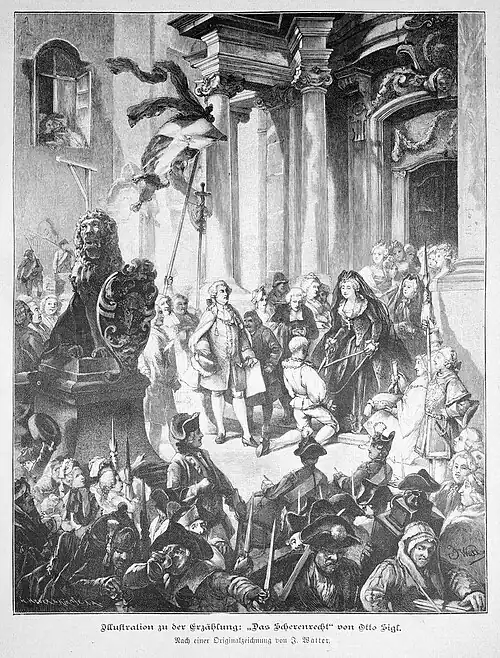 Die Gartenlaube (1887) b 317.jpg Illustration zu der Erzählung „Das Scherenrecht“ von Otto Sigl. Nach einer Originalzeichnung von J.&nbsp;Watter.