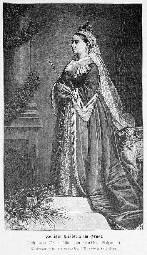 Die Gartenlaube (1887) b 409.jpg Königin Viktoria im Ornat. Nach dem Oelgemälde von Guido Schmidt. Photographie im Verlag von Carl Burow in Heidelberg.