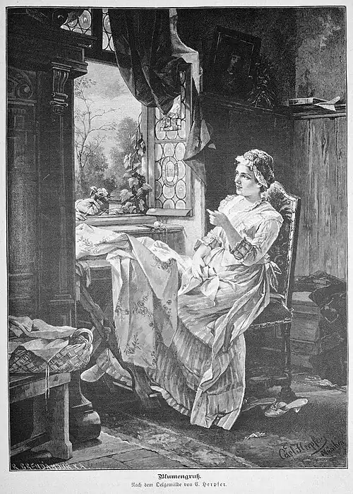Die Gartenlaube (1887) b 421.jpg Blumengruß. Nach dem Oelgemälde von C.&nbsp;Herpfer.