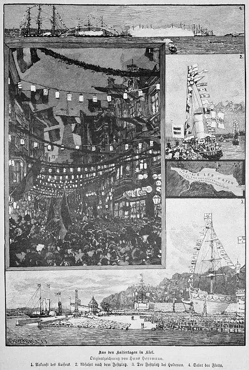 Die Gartenlaube (1887) b 429.jpg Aus den Kaisertagen in Kiel. Originalzeichnung von Hans&nbsp;Herrmann.