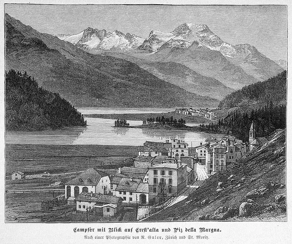 Die Gartenlaube (1887) b 477.jpg Campfèr mit Blick auf Crest’alta und Piz della Margna. Nach einer Photographie von R.&nbsp;Guler, Zürich und St.&nbsp;Moritz.