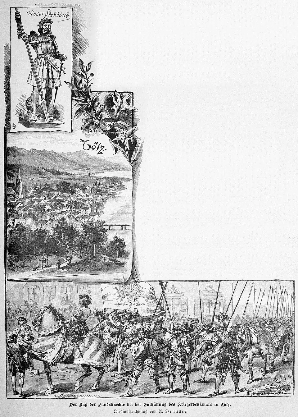 Die Gartenlaube (1887) b 493.jpg Der Zug der Landsknechte bei der Enthüllung des Kriegerdenkmals in Tölz. Originalzeichnung von A.&nbsp;Brunner.