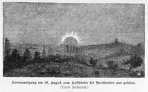 Die Gartenlaube (1887) b 509 1.jpg Sonnenaufgang am 19.&nbsp;August vom Kyffhäuser bei Nordhausen aus gesehen. (Totale Finsterniß.)
