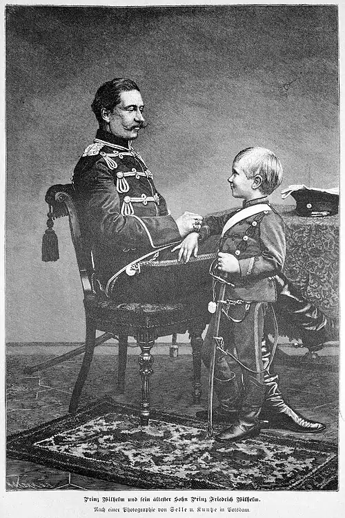 Die Gartenlaube (1887) b 568.jpg Prinz Wilhelm und sein ältester Sohn Prinz Friedrich Wilhelm. Nach einer Photographie von Selle u. Kuntze in Potsdam.