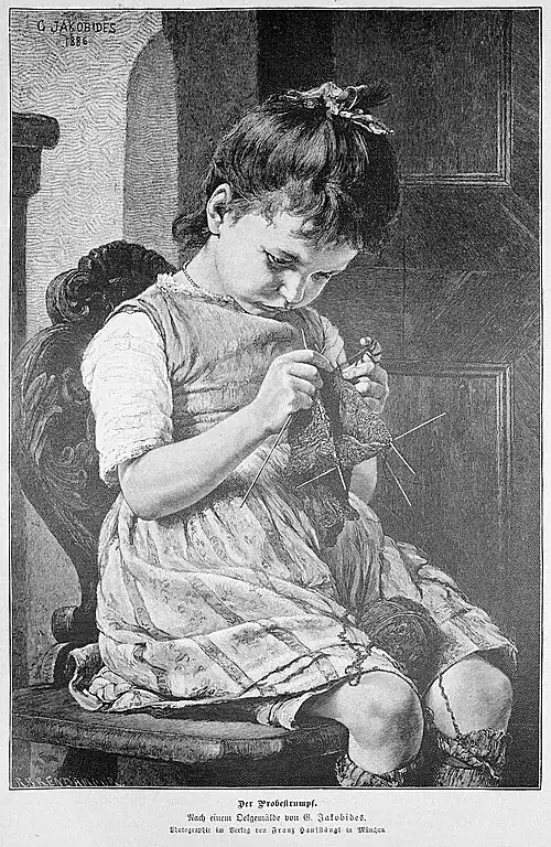 Die Gartenlaube (1887) b 664.jpg Der Probestrumpf. Nach einem Oelgemälde von G.&nbsp;Jakobides. Photographie im Verlag von Franz Hanfstängl in München.