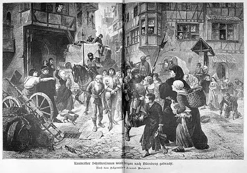 Die Gartenlaube (1887) b 776.jpg Raubritter Schüttensamen wird gefangen nach Nürnberg gebracht. Nach dem Oelgemälde von Konrad Weigand.