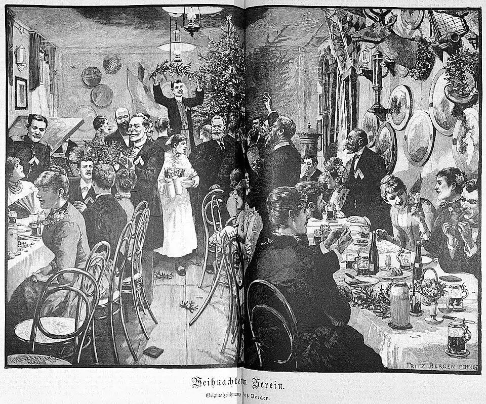 Die Gartenlaube (1887) b 844.jpg Weihnachten im Verein. Originalzeichnung von Fritz Bergen.