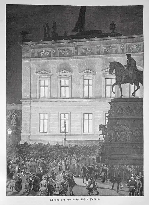 Die Gartenlaube (1888) b 177.jpg Abends vor dem kaiserlichen Palais (S)