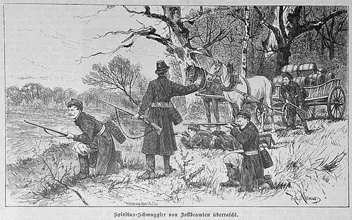 Die Gartenlaube (1888) b 733.jpg Spiritus-Schmuggler von Zollbeamten überrascht