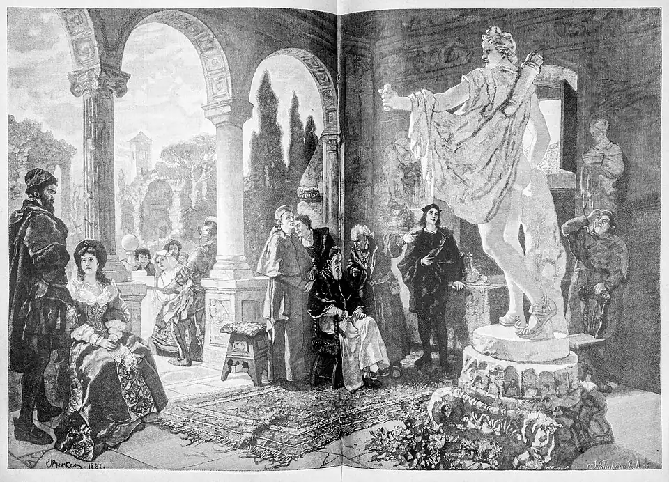 Die Gartenlaube (1889) b 4.jpg Papst Julius II. besichtigt die ausgegrabenen Statue des Apollo von Belvedere (D)