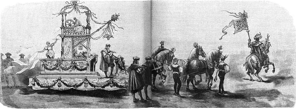 Die Gartenlaube (1889) b 460_2.jpg Der Festwagen des vereinigten Buchgewerbe Sachsens