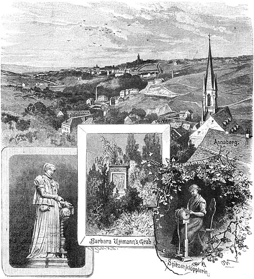 Die Gartenlaube (1889) b 540.jpg Annaberg. Barbara Uttmann’s Grab. Spitzenklöpplerin