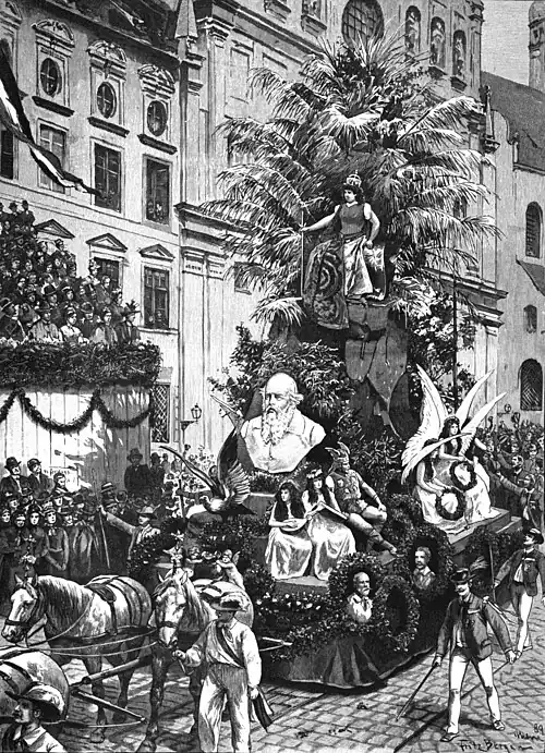 Die Gartenlaube (1889) b 577.jpg Der Festwagen im Zuge des Siebenten Deutschen Turnfestes in München