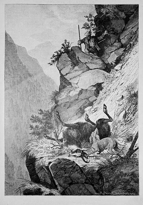 Die Gartenlaube (1889) b 601.jpg „Hirschmann“, einen verendenden Bock verbellend (S)