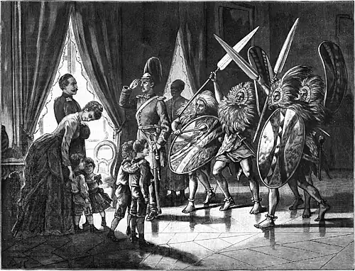 Die Gartenlaube (1889) b 639.jpg Vorstellung der Mandaraneger bei Kaiser Wilhelm durch den Afrikareisenden Otto C. Ehlers