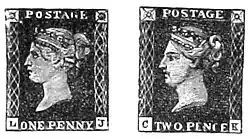Die Gartenlaube (1890) b 302_4.jpg Figur 6 und 7. Die ersten amtlich Freimarken Englands