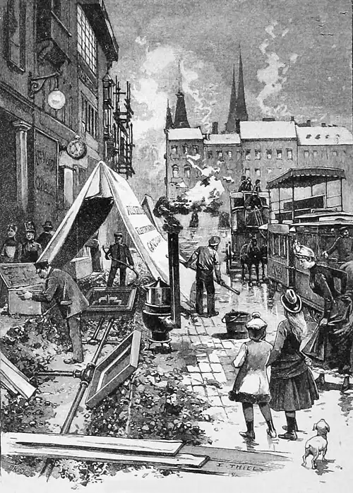 Die Gartenlaube (1890) b 367.jpg Kabellegung in einer Straße Berlins