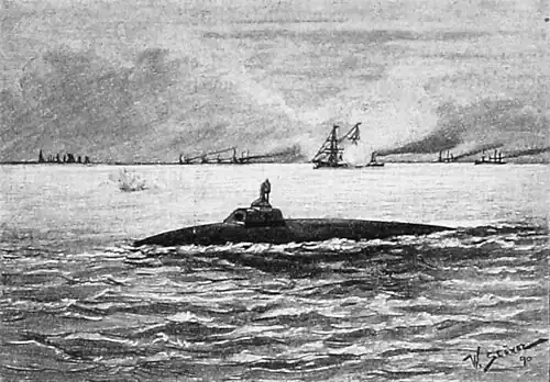 Die Gartenlaube (1890) b 484_2.jpg Spanisches Torpedoboot, vor dem feindlichen Geschwader untertauchend