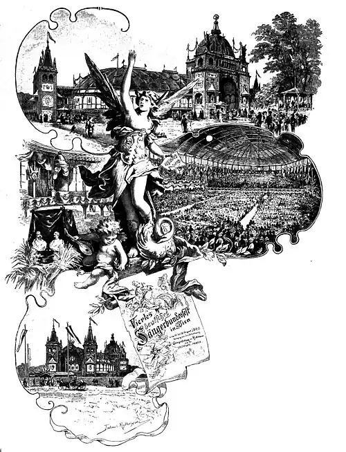 Die Gartenlaube (1890) b 621.jpg Die Sängerhalle von der Südseite. Das Innere der Sängerhalle während einer Aufführung