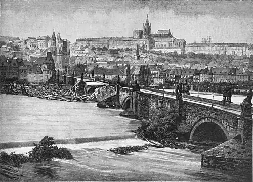 Die Gartenlaube (1890) b 653.jpg Die Karlsbrücke in Prag nach dem Einsturz am 4. September 1890