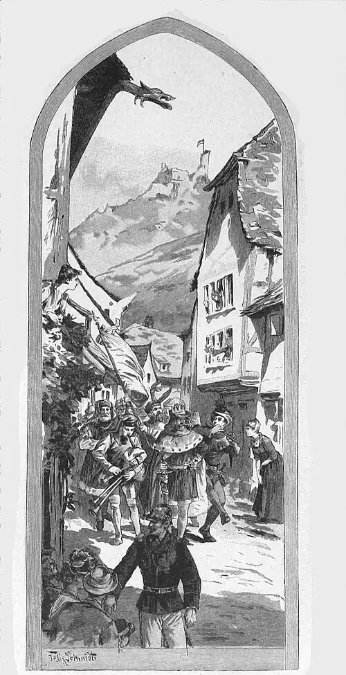 Die Gartenlaube (1890) b 753.jpg Der Umzug des Pfeiferkönigs in Rappoltsweiler