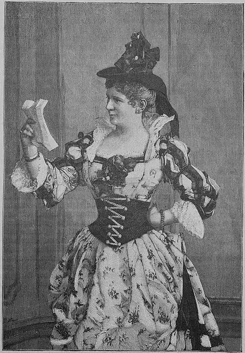 Die Gartenlaube (1891) b 389.jpg Elisabeth Leisinger als Frau Fluth in den „Lustigen Weibern von Windsor“. Nach einer Photographie von J. G. Schaarwächter in Berlin