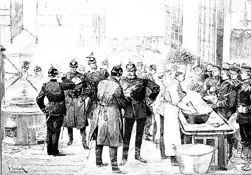 Die Gartenlaube (1892) b 193.jpg Eine Massenspeisung von Soldaten auf der Leipziger internationalen Ausstellung für das rothe Kreuz(S)