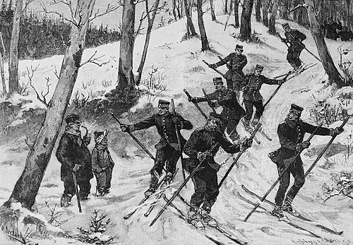 Die Gartenlaube (1892) b 213.jpg Militärische Übung auf Schneeschuhen