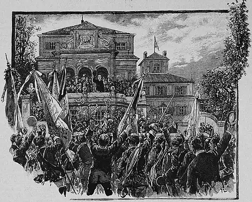 Die Gartenlaube (1892) b 488.jpg Fürst Bismarck beim Fackelzug auf der Terrasse des Lenbachschen Hauses